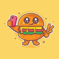 smiling hamburger food character mascot taking a selfie with a smartphone isolated cartoon vector