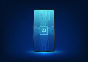 Artificial intelligence AI technology is used in smartphone systems to make the processing more responsive to users. Mobile phones with AI chips are connected to the circuit. vector