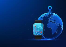 Smart watch technology, wristwatch that shows the location map, the back is a globe, a watch that is a navigator to the desired location and measures the walking distance,illustration,,wallpaper vector