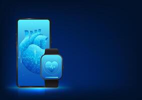 Smart watch technology that connects data to a smartphone that shows heart rate measurements. It is a wristwatch with a heart on the front and a mobile phone that shows the heart rate. vector