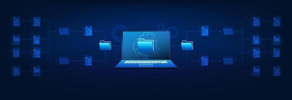 Computer technology background. The screen is a document file connected to a document folder that is used to work and store electronic document files online. vector