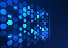 Security technology background, hexagon geometric shapes, inside there is a lock, electronic document file and sheet of documents, showing the entry to the protected data file. vector