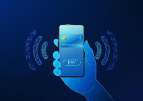 Smartphone technology with NFC scanning system for contactless mobile payments, no need to carry credit cards and wallets. Mobile phones with credit cards on the front and Contactless Payment symbol vector