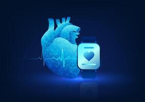 Smart watch technology that shows heart rate measurements It is a wristwatch that connects to a smartphone. A watch with a heart and a heart on the back with a line connected to the network. vector