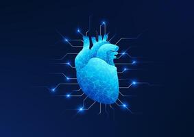 Medical technology background, Heart connected to a technology network with a technology circuit, conveys heart disease treatment using artificial organ technology for transplant treatment. vector