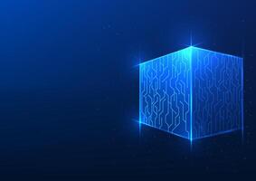 Cube background technology with technology circuits surrounding a square box showing the processing of technology. Illustration, , poster. vector