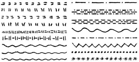 Type of line, hand drawn borders set. Grunge collection of simple ornamental pattern isolated on white background. Dotted line, wave and zigzag streak. Brush stroke template vector
