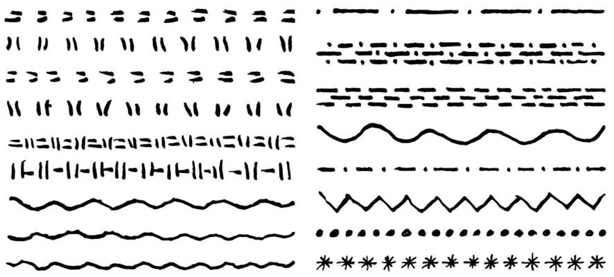Type of line, hand drawn borders set. Grunge collection of simple ornamental pattern isolated on white background. Dotted line, wave and zigzag streak. Brush stroke template