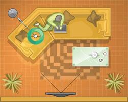 Man working on laptop and laying down on sofa in living room, table, coffee, carpet, plant and tile floor from top view. vector