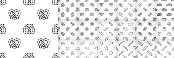 Set of Black and White Cartoon doodle bread bakery seamless pattern background vector