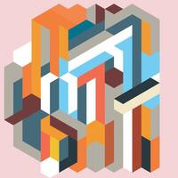 Isometric shapes on a pink background with orange, blue, gray, brown, and white colors. Suitable for modern design projects. vector