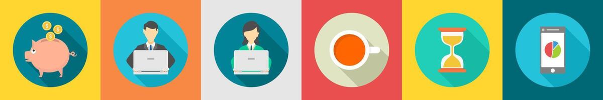 A set of 6 Business icons as money savings, office work, tea break vector