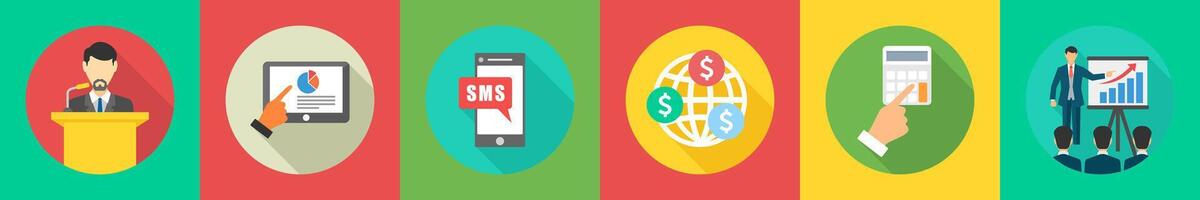 A set of 6 Business icons as speech, online analysis, mobile sms vector