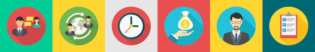 A set of 6 Business icons as discussion, global business, clock vector