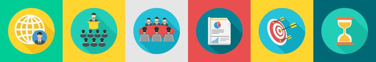 A set of 6 Business icons as global business, business presentation, conference meeting vector