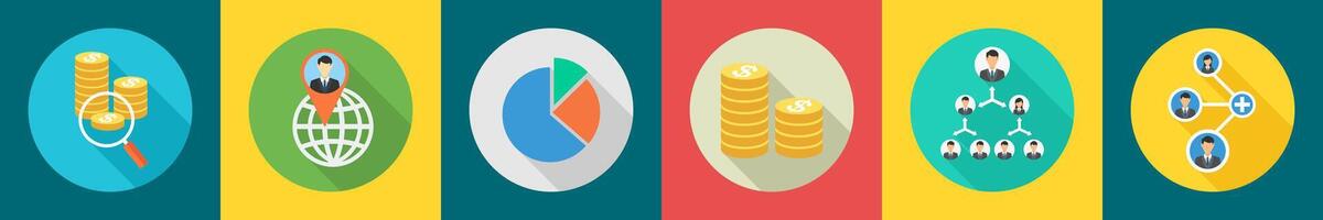 A set of 6 Business icons as search money, global location, pie chart vector