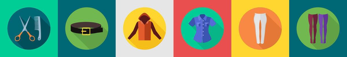 A set of 6 Clothes icons as comb scissor, belt, jacket vector