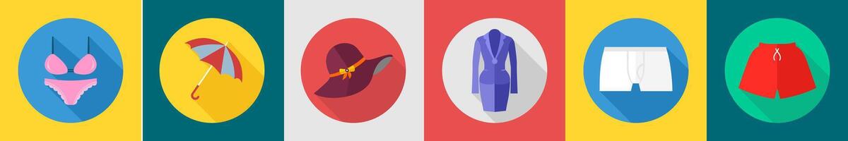 A set of 6 Clothes icons as bikini, umbrella, hat vector