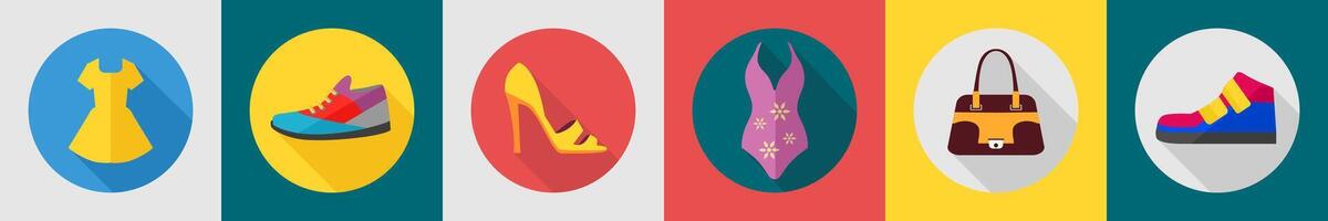 A set of 6 Clothes icons as frock, shoe, heels vector