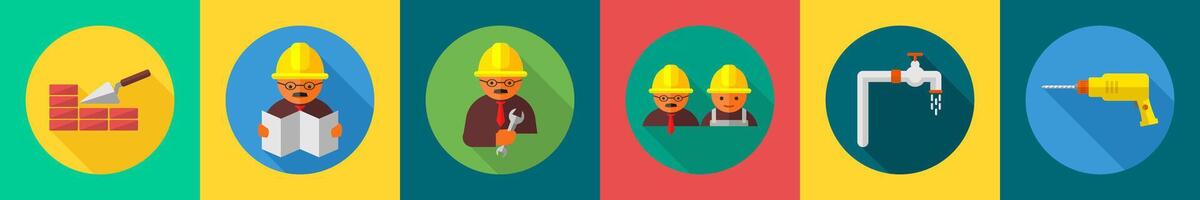A set of 6 construction icons as brick wall, architect, constructor vector