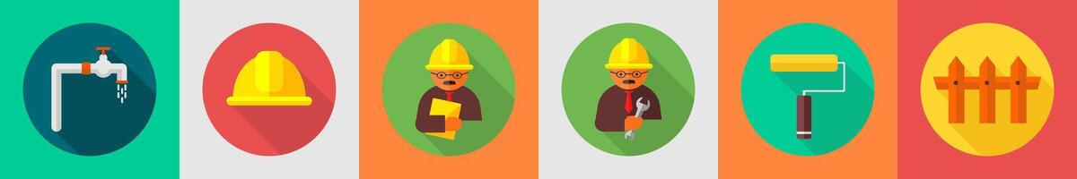 A set of 6 construction icons as tap, construction cap, architecture vector