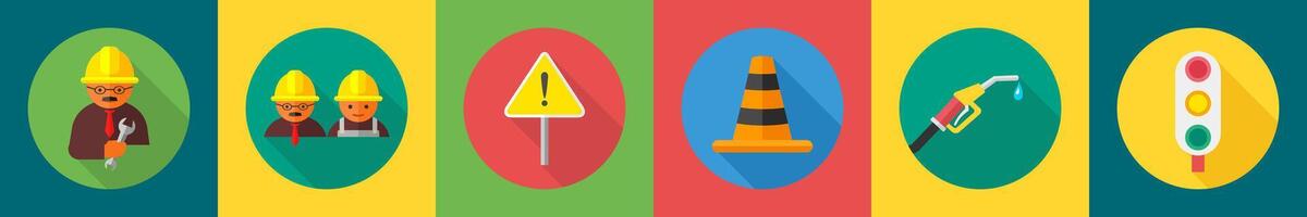 A set of 6 construction icons as constructor, alert, traffic cone vector