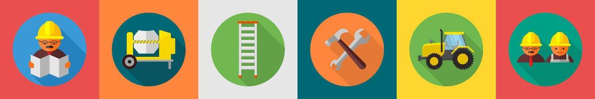 A set of 6 construction icons as architect, concrete mixer, ladder vector
