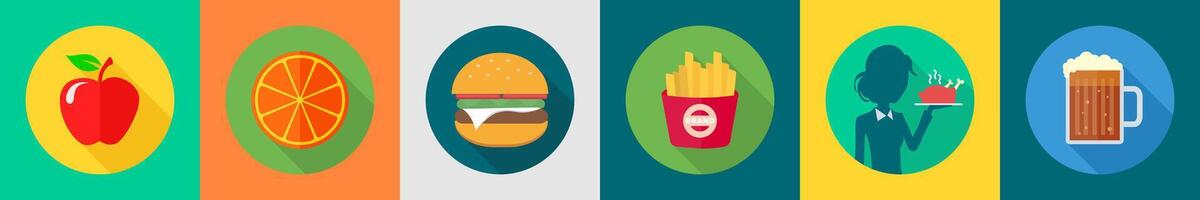 A set of 6 Food icons as apple, lemon slice, burger vector