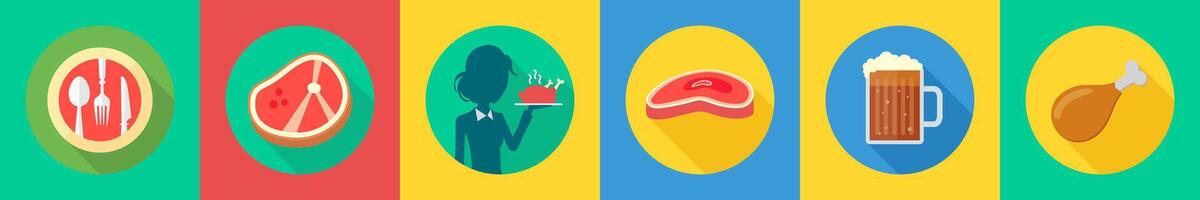 A set of 6 Food icons as cutlery, chicken slice, waitress vector