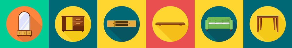 A set of 6 furniture icons as dressing table, office table, drawers vector