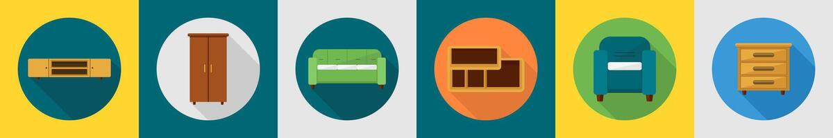 A set of 6 furniture icons as drawers, almirah, three seat sofa vector