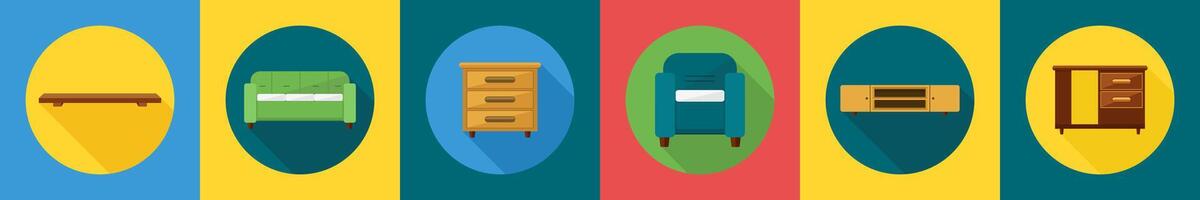 A set of 6 furniture icons as shelf, three seat sofa, drawers vector