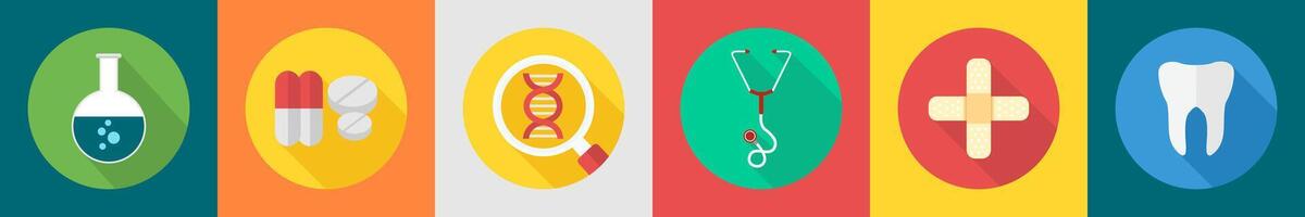 A set of 6 Medical icons as flask, pills, dna search vector