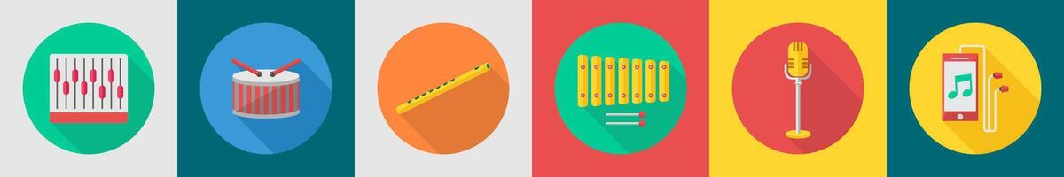 A set of 6 music icons as music equalizer, snare drum, flute vector