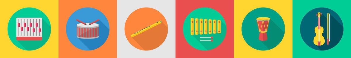 A set of 6 music icons as music equalizer, snare drum, flute vector