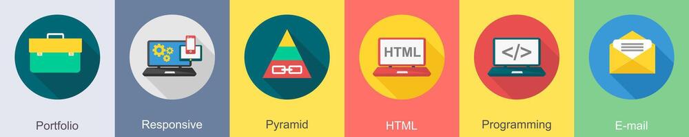 A set of 6 SEO icons as portfolio, responsive, pyramid vector