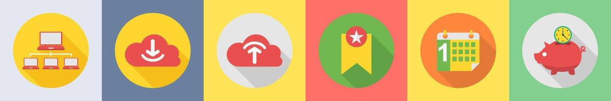 A set of 6 SEO icons as computer network, cloud download, cloud upload vector