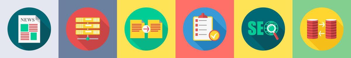 A set of 6 SEO icons as graph, hosting, data transfer vector