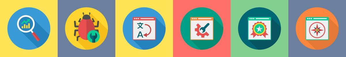 A set of 6 SEO icons as search analytics, antivirus, bug vector
