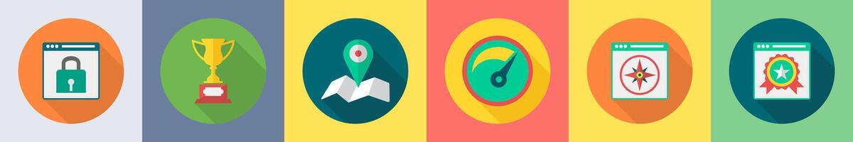 A set of 6 SEO icons as secured webpage, trophy, location vector