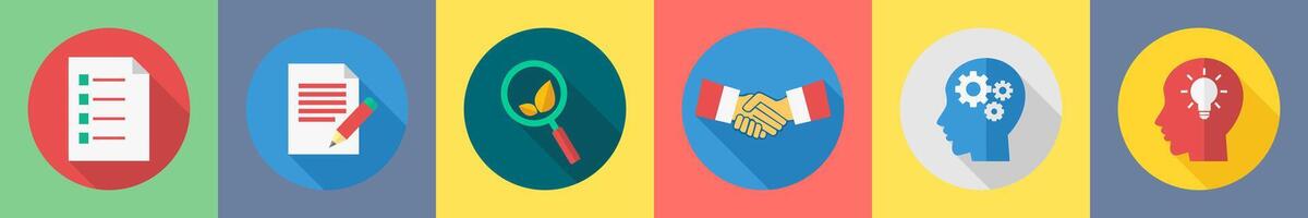 A set of 6 SEO icons as list, edit content, eco search vector