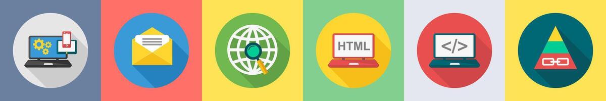 A set of 6 SEO icons as responsive, email, global search vector