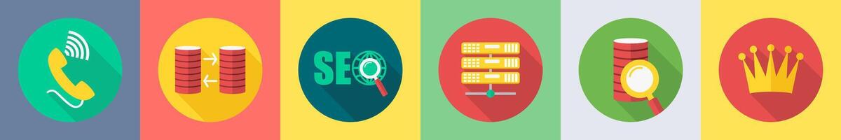 A set of 6 SEO icons as calling, data transfer, seo vector