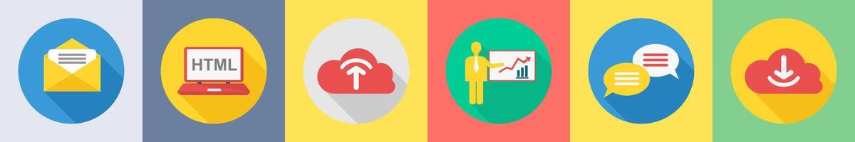 A set of 6 SEO icons as email, html, cloud upload vector