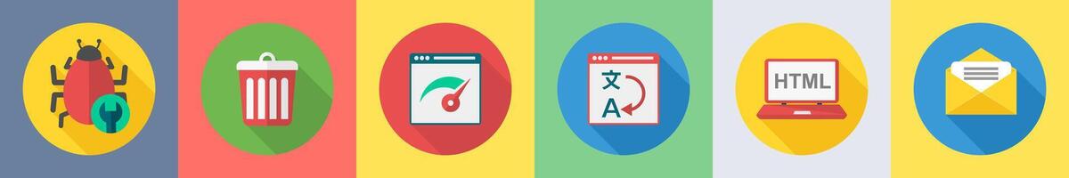 A set of 6 SEO icons as antivirus, trash bin, page dashboard vector