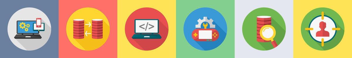 A set of 6 SEO icons as responsive, data transfer, programming vector