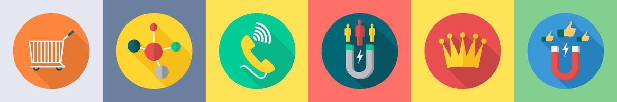 A set of 6 SEO icons as cart, network, calling vector