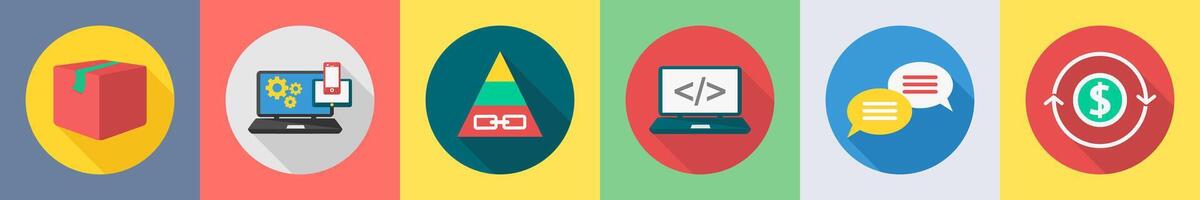 A set of 6 SEO icons as parcel, responsive, pyramid vector