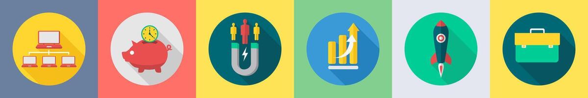 A set of 6 SEO icons as computer network, money savings, attract customer vector