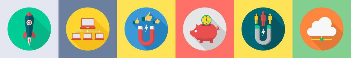 A set of 6 SEO icons as start up, computer network, attract vector